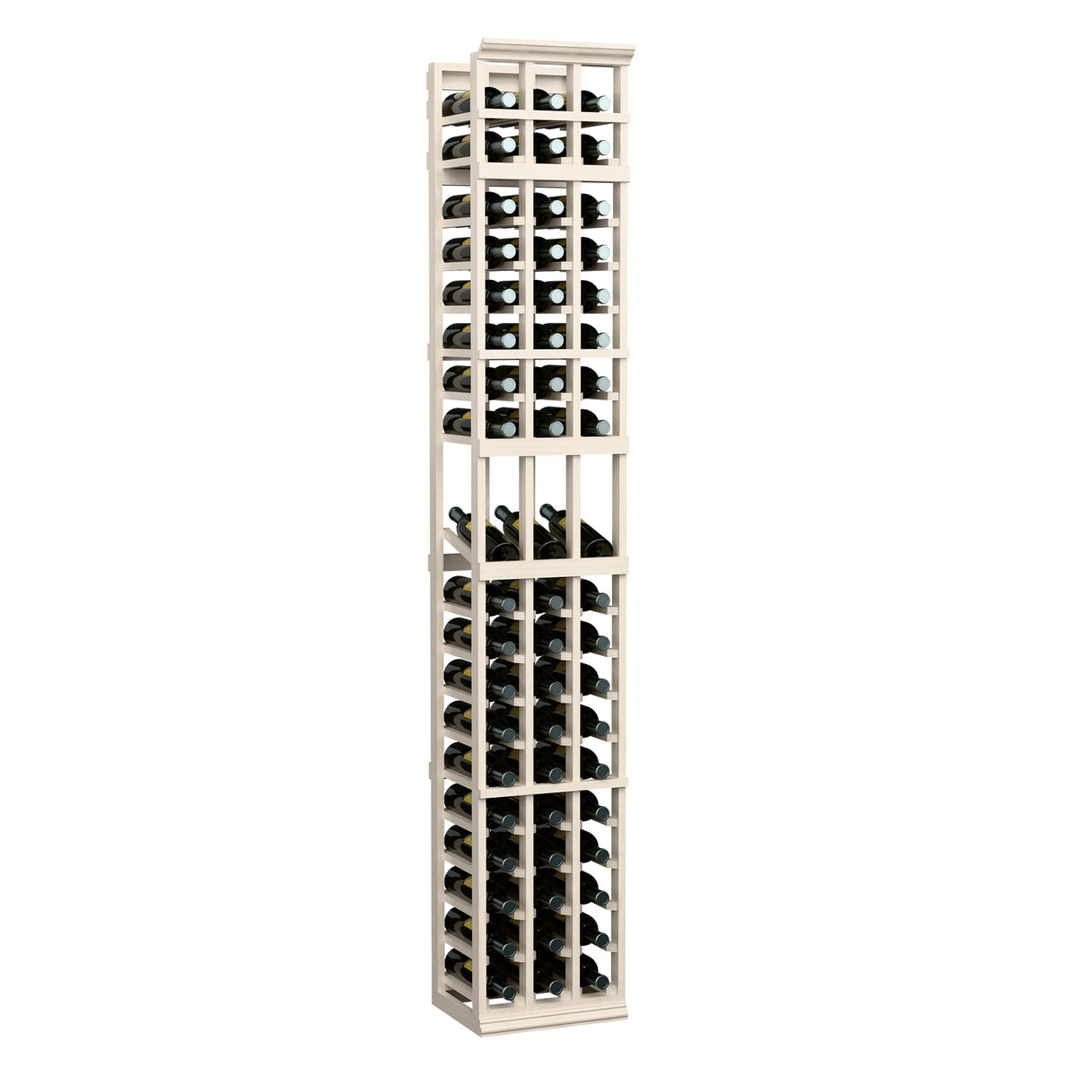 Three-column wine bottle rack, tall whitewashed light wood frame with bottle compartments