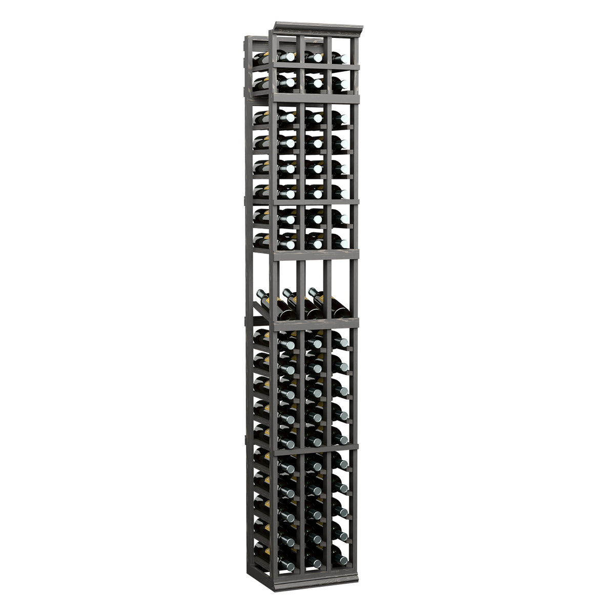 3-column 7ft wine bottle display rack with dark metal frame and bottle slots