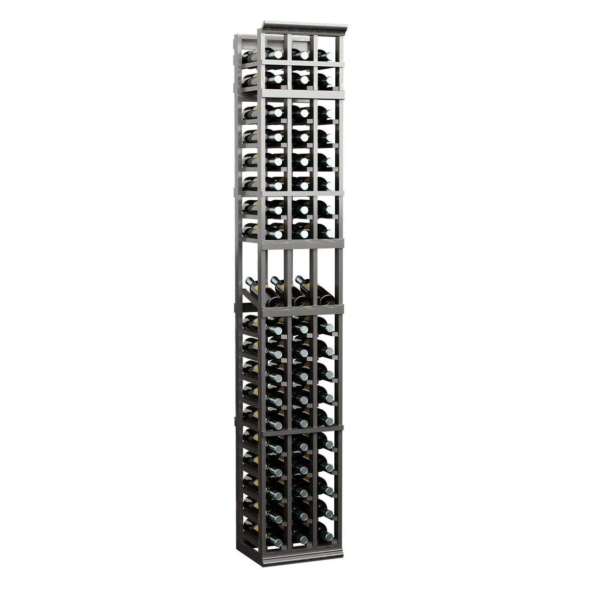 3-column 7ft wine bottle display rack with black frame and stacked bottle compartments