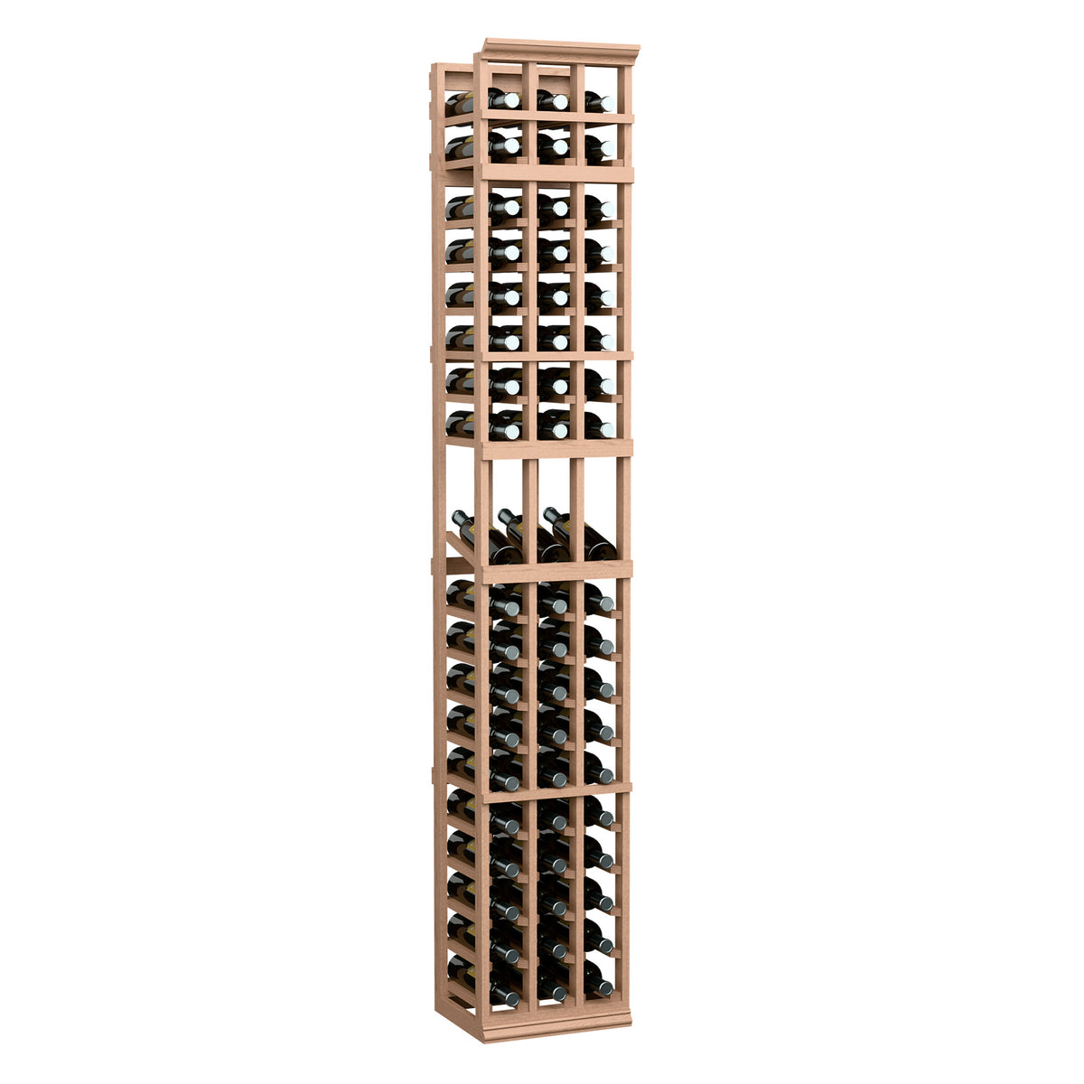 3-column 7ft wine bottle display rack with light wood frame and bottle storage rows