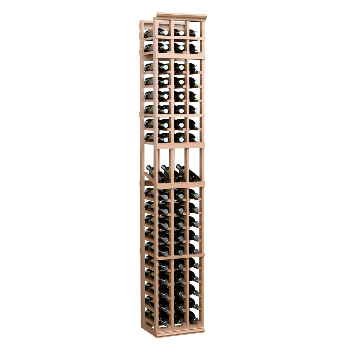 3-column 7ft wine bottle display rack with light wood frame and grid bottle holders