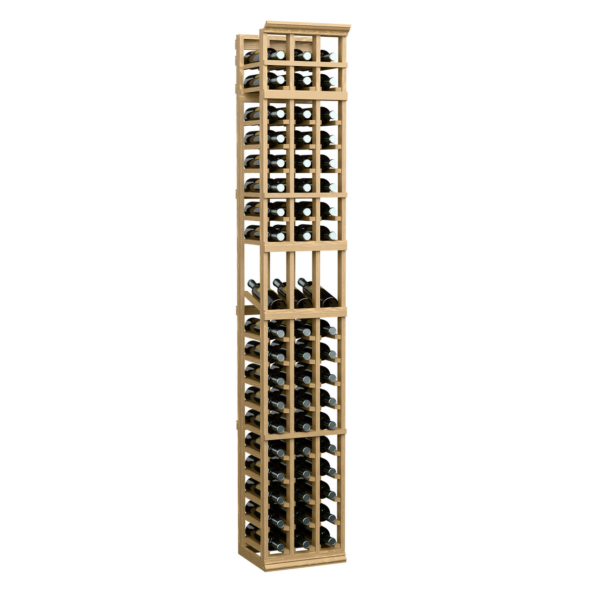 3-column 7ft wine bottle display rack with pale wood frame and bottle slot grid