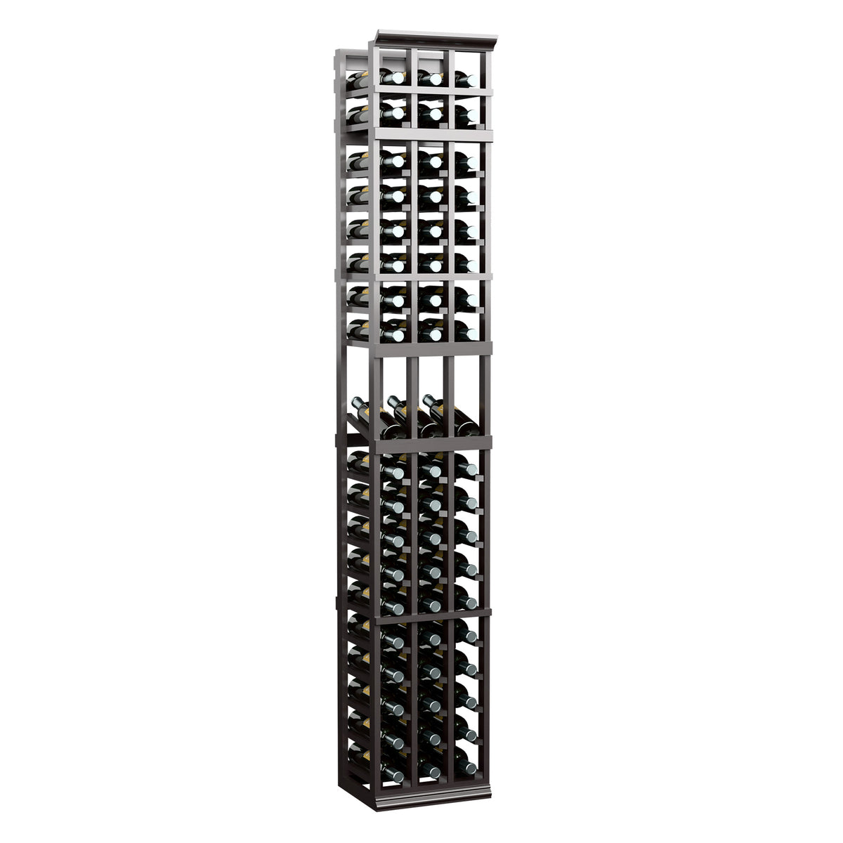 3-column 7ft wine bottle display rack with black frame and multiple bottle rows