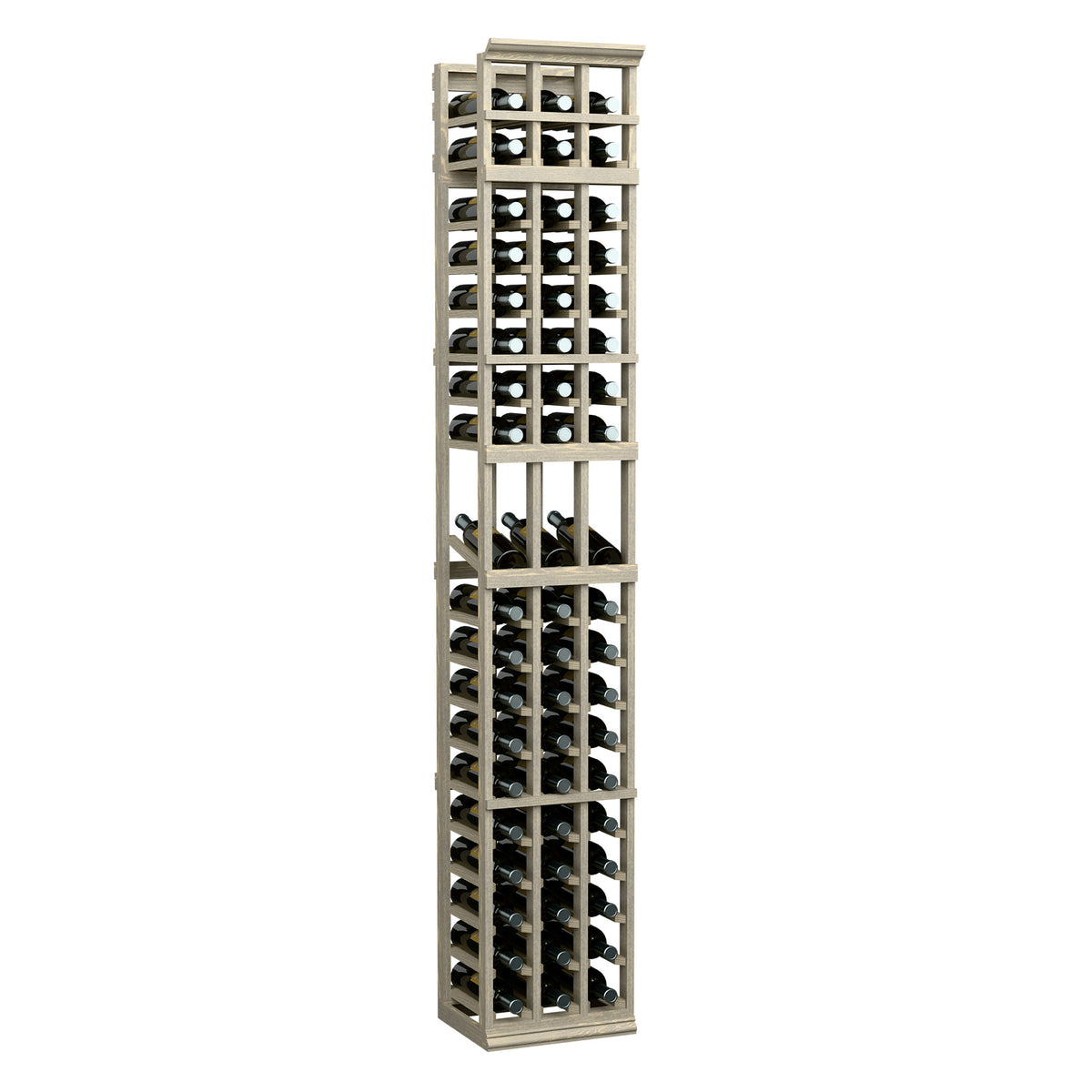 Light wood wine bottle display rack with three columns of bottle holders