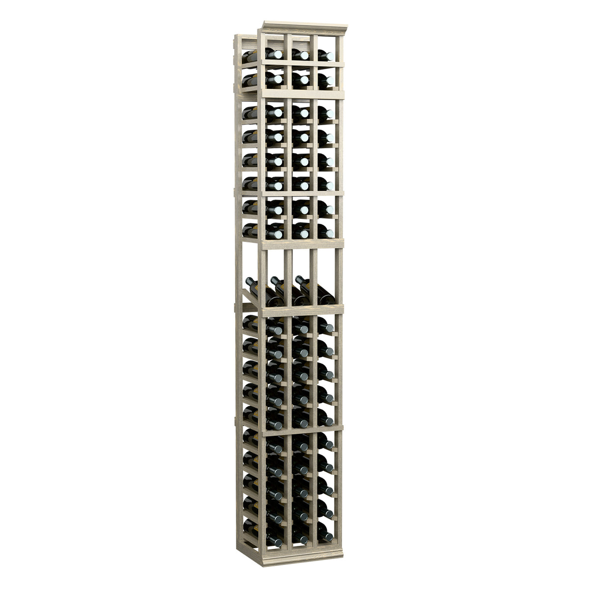 Light wood 3-column wine rack with bottle cradles, front view