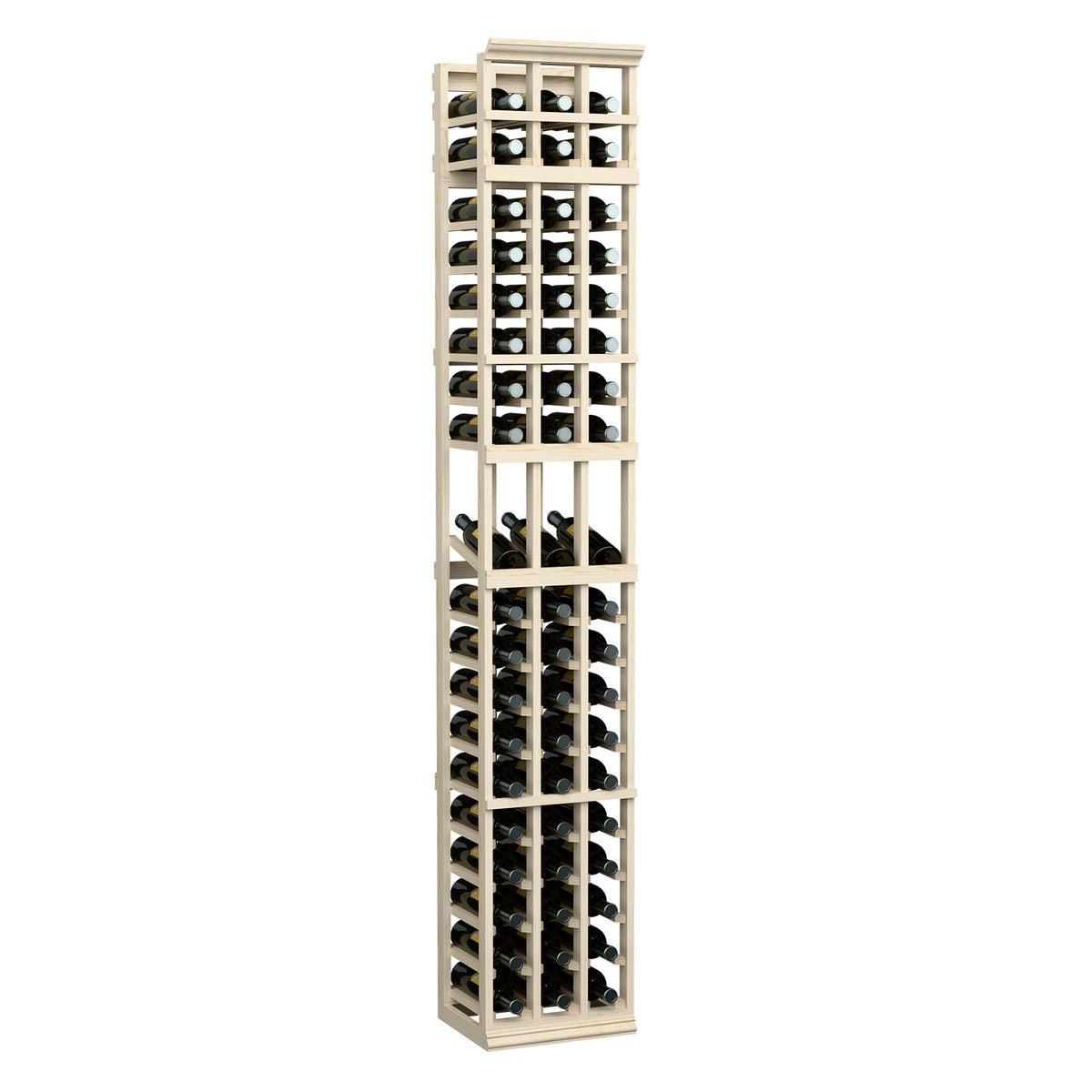 Tall light wood wine bottle display rack, three columns with bottle slots
