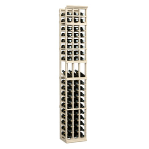 Tall light wood wine bottle display rack, three columns with bottle slots
