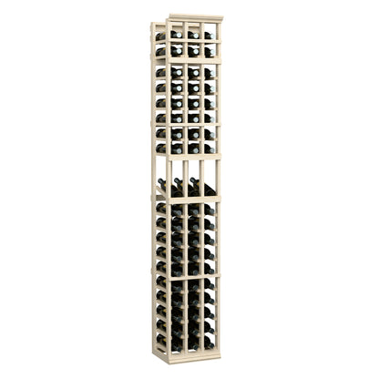 Tall light wood wine bottle display rack, three columns with bottle slots