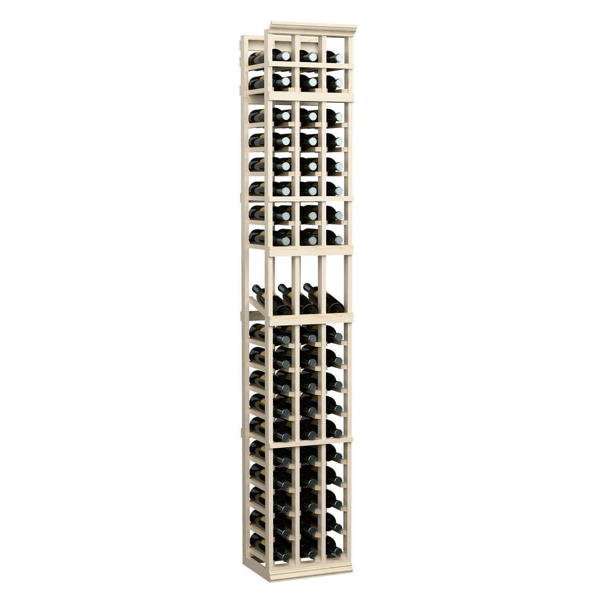 Light wood wine bottle display rack with three columns and stacked bottle holders