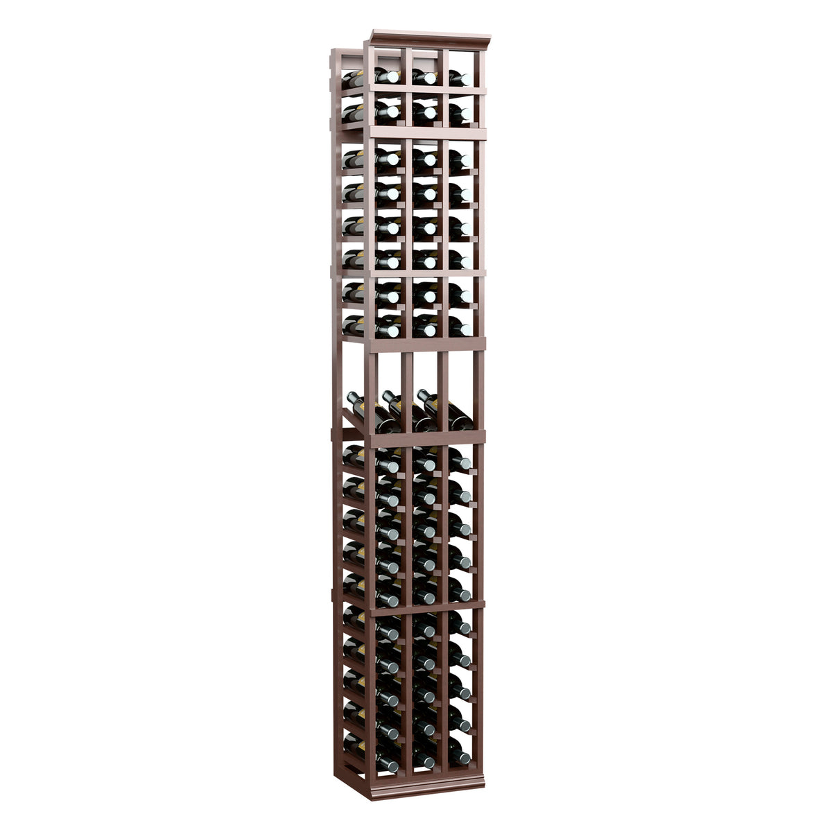 Dark wood 3-column wine rack with bottle cradles, front view