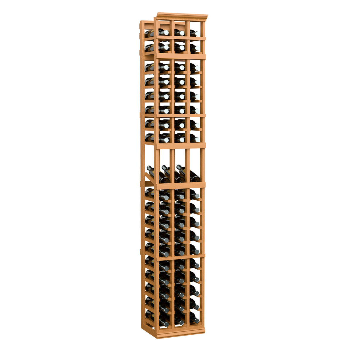 Natural wood wine bottle display rack with three columns of bottle holders