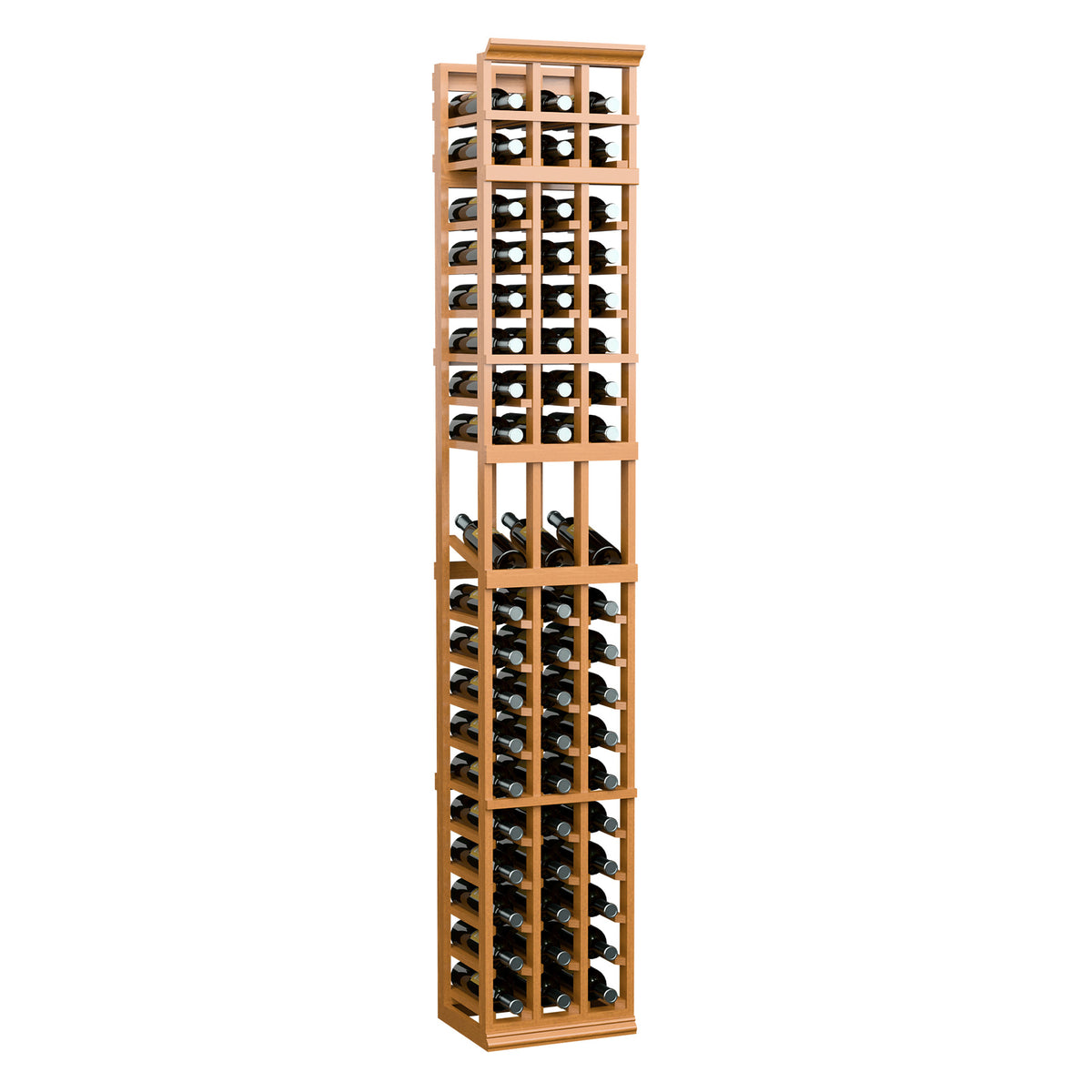 Natural wood 3-column wine rack with bottle slots, tall vertical design