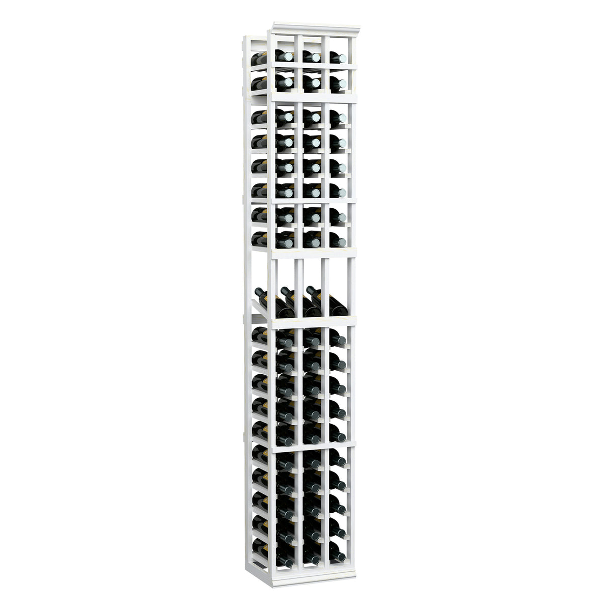 White-finished wine bottle display rack with three columns of bottle holders