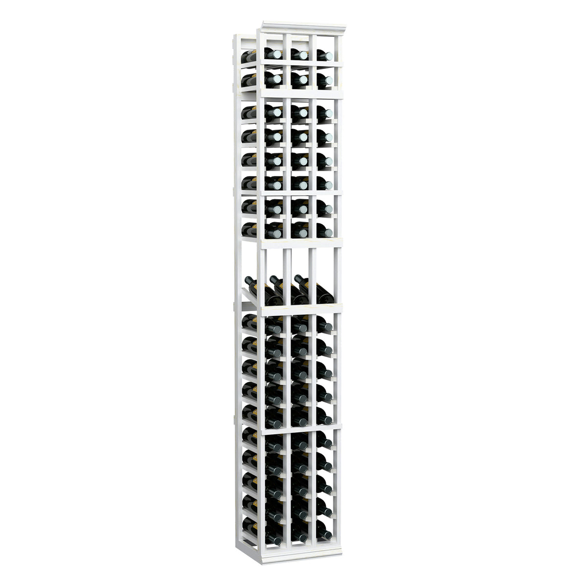 White-finished 3-column wine rack with bottle cradles, tall front view