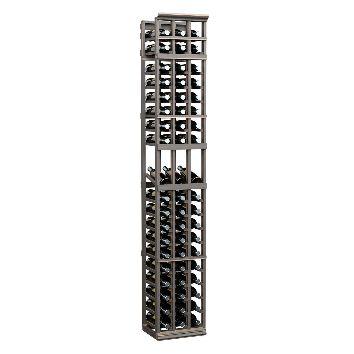 Wine bottle display rack with dark frame, tall 3-column design for bottles