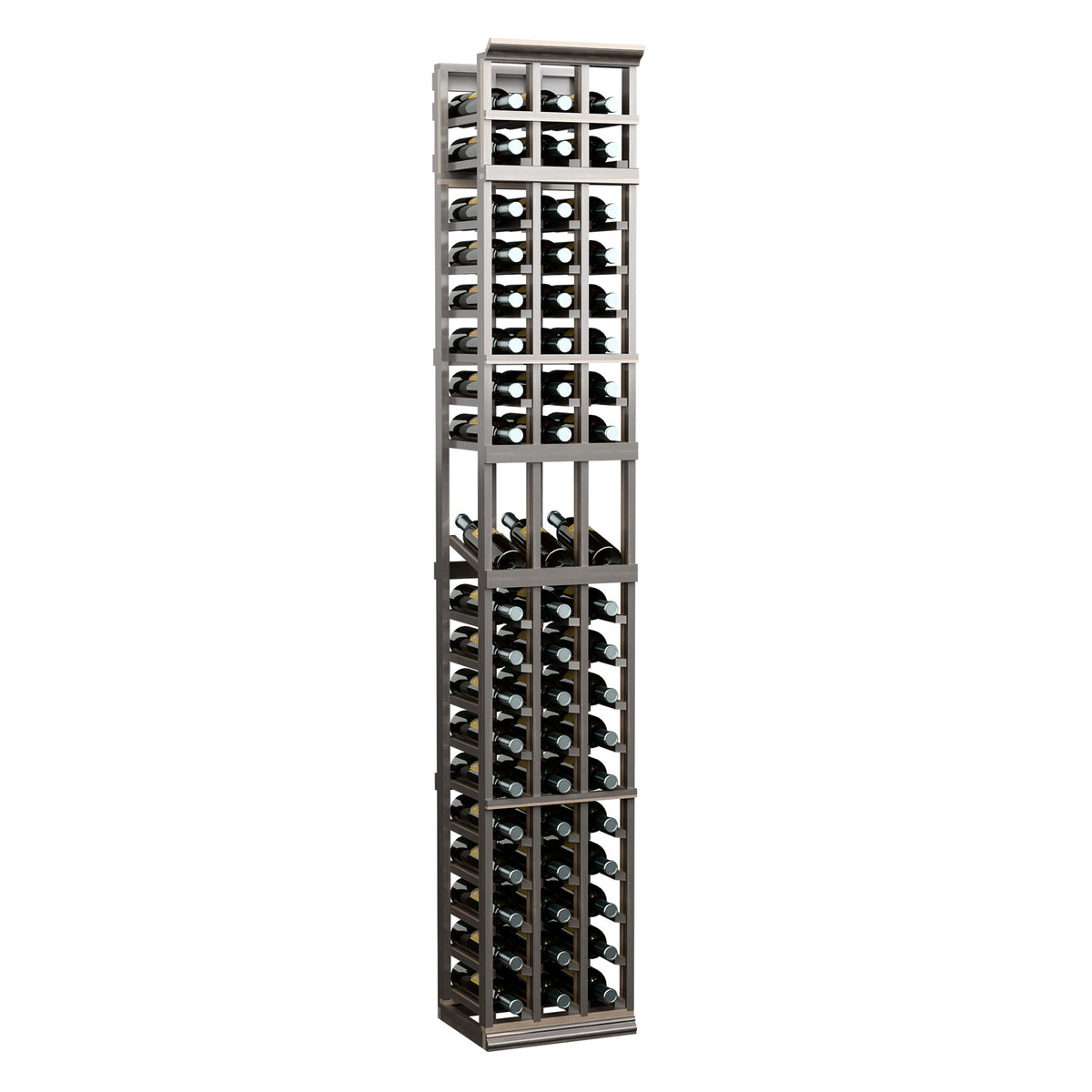 Wine bottle display rack with dark frame and grid bottle slots, tall 3-column