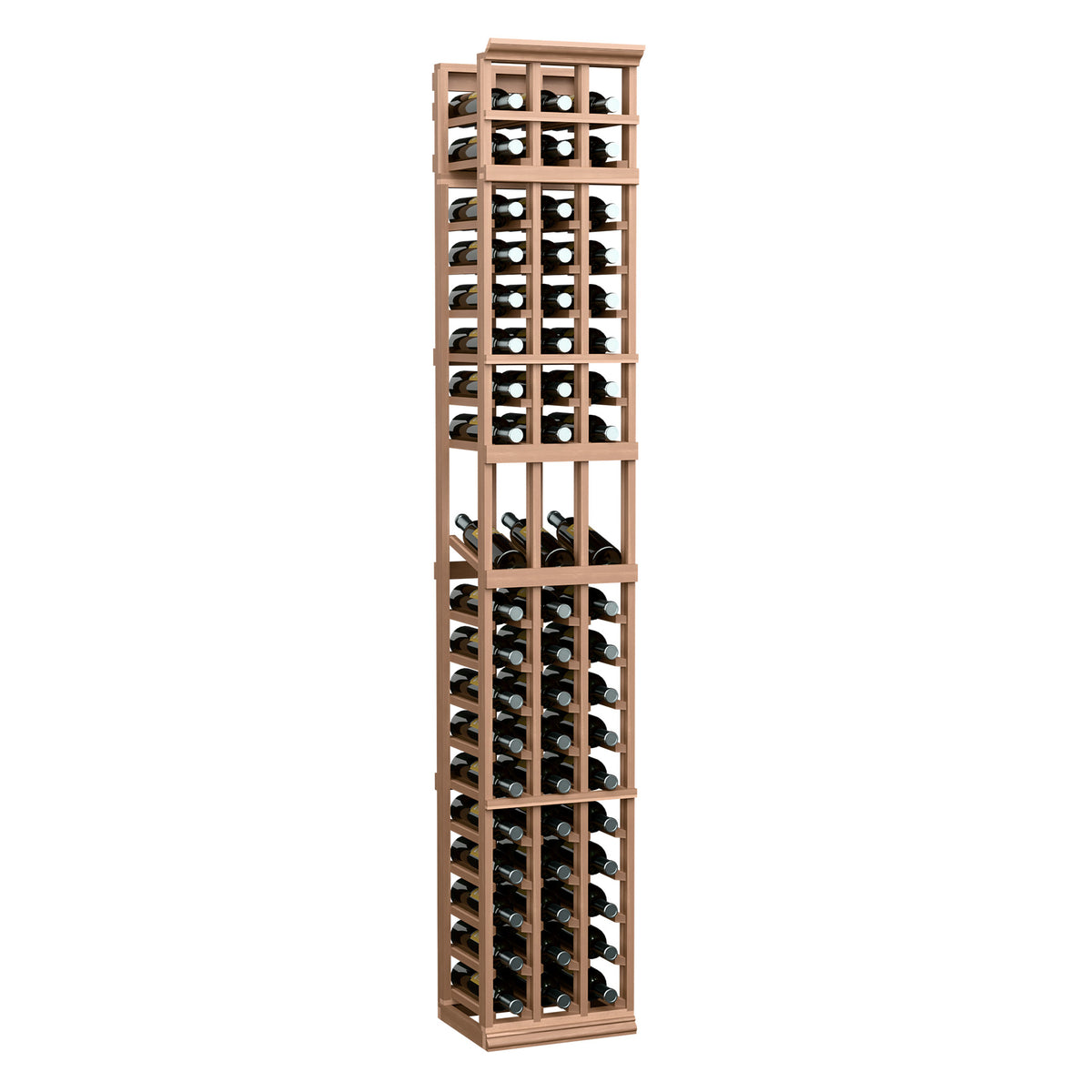 Wine bottle display rack with light wood frame, tall 3-column bottle storage