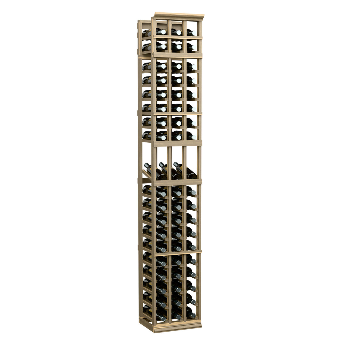 Wine bottle display rack with light beige wood frame, tall 3-column bottle rack