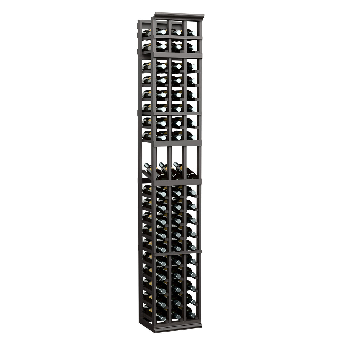 Wine bottle display rack with black frame, tall 3-column design for bottles