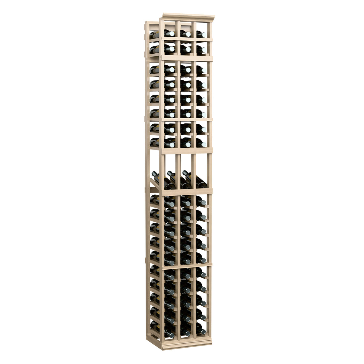 3-column wine bottle display rack with pale wood frame and front bottle slots.