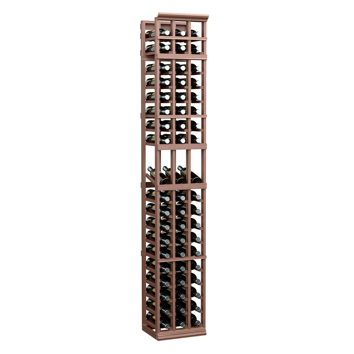 3-column wine bottle display rack with dark brown wood frame and bottle openings.