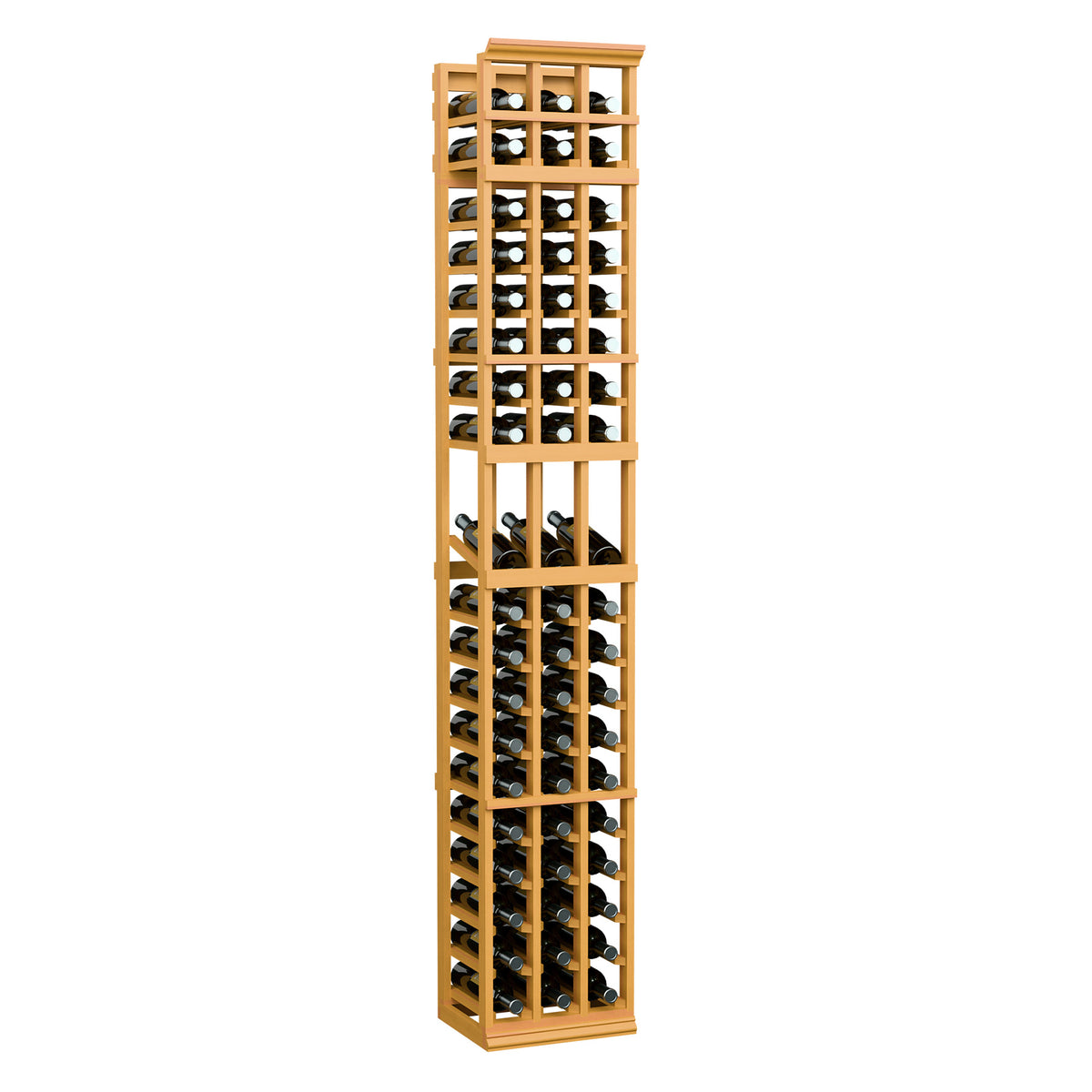3-column wine bottle display rack with golden wood frame and bottle compartments.