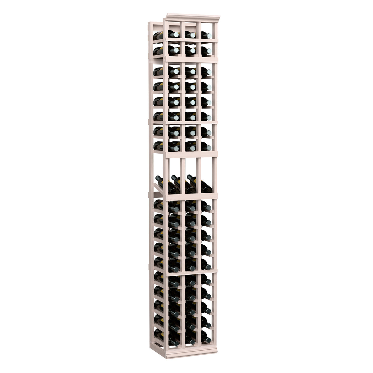 3-column wine bottle display rack with light gray wood frame and bottle openings.