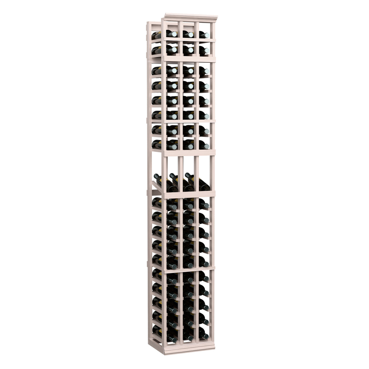 3-column wine rack with white-toned wood frame and front bottle compartments.
