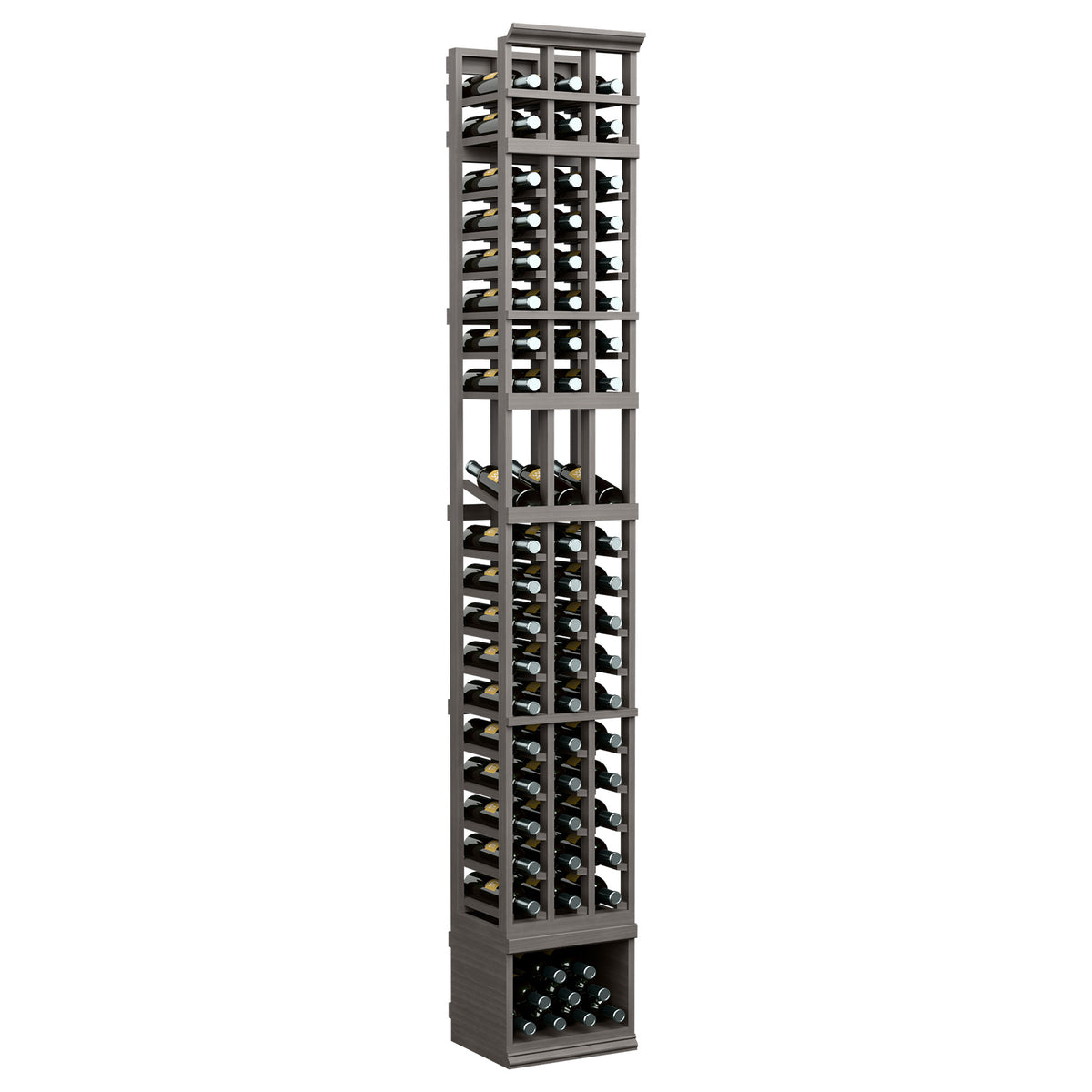 3-column wine bottle display rack, dark gray frame with clear bottle-view grid