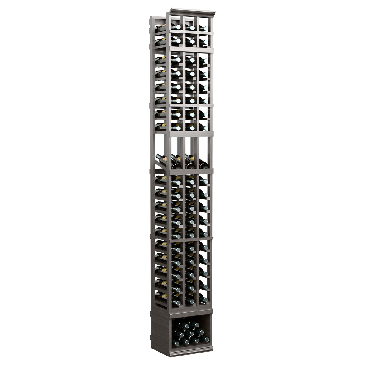 3-column wine bottle display rack, dark gray frame with front bottle compartments
