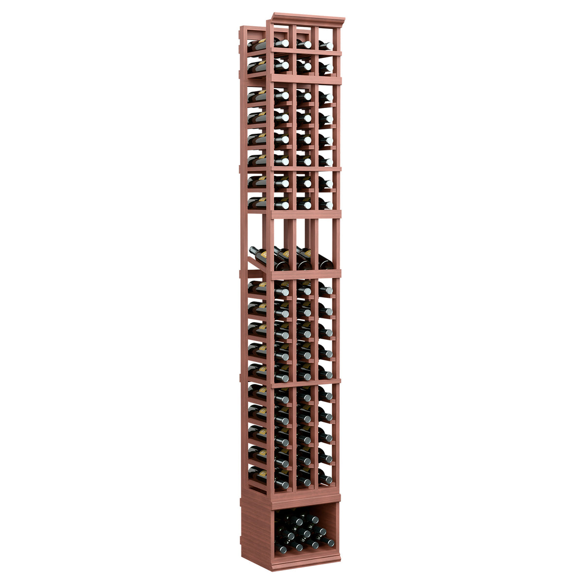 3-column wine bottle display rack, reddish-brown frame with bottle-view grid shelves