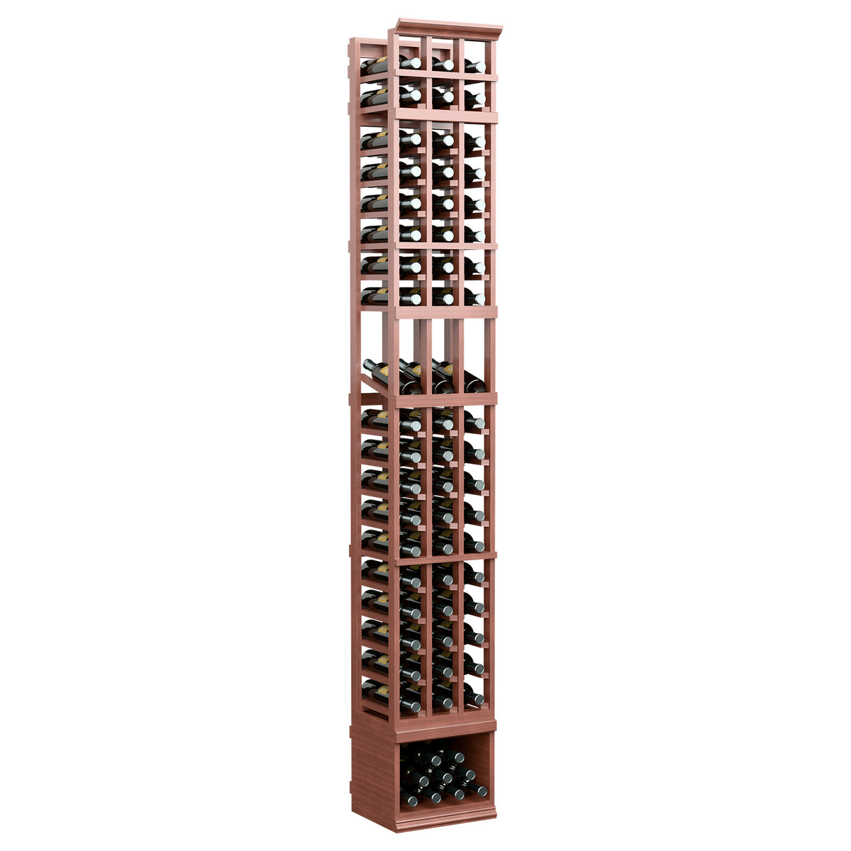 3-column wine bottle display rack, reddish-brown wooden rack with stacked bottle slots