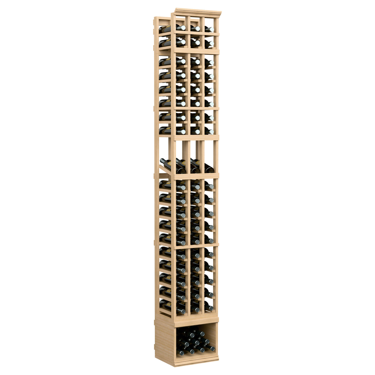 3-column wine bottle display rack, light wood frame with multiple bottle storage rows