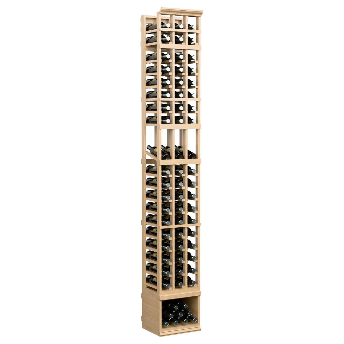 3-column wine bottle display rack, pale wood frame with front-facing bottle slots