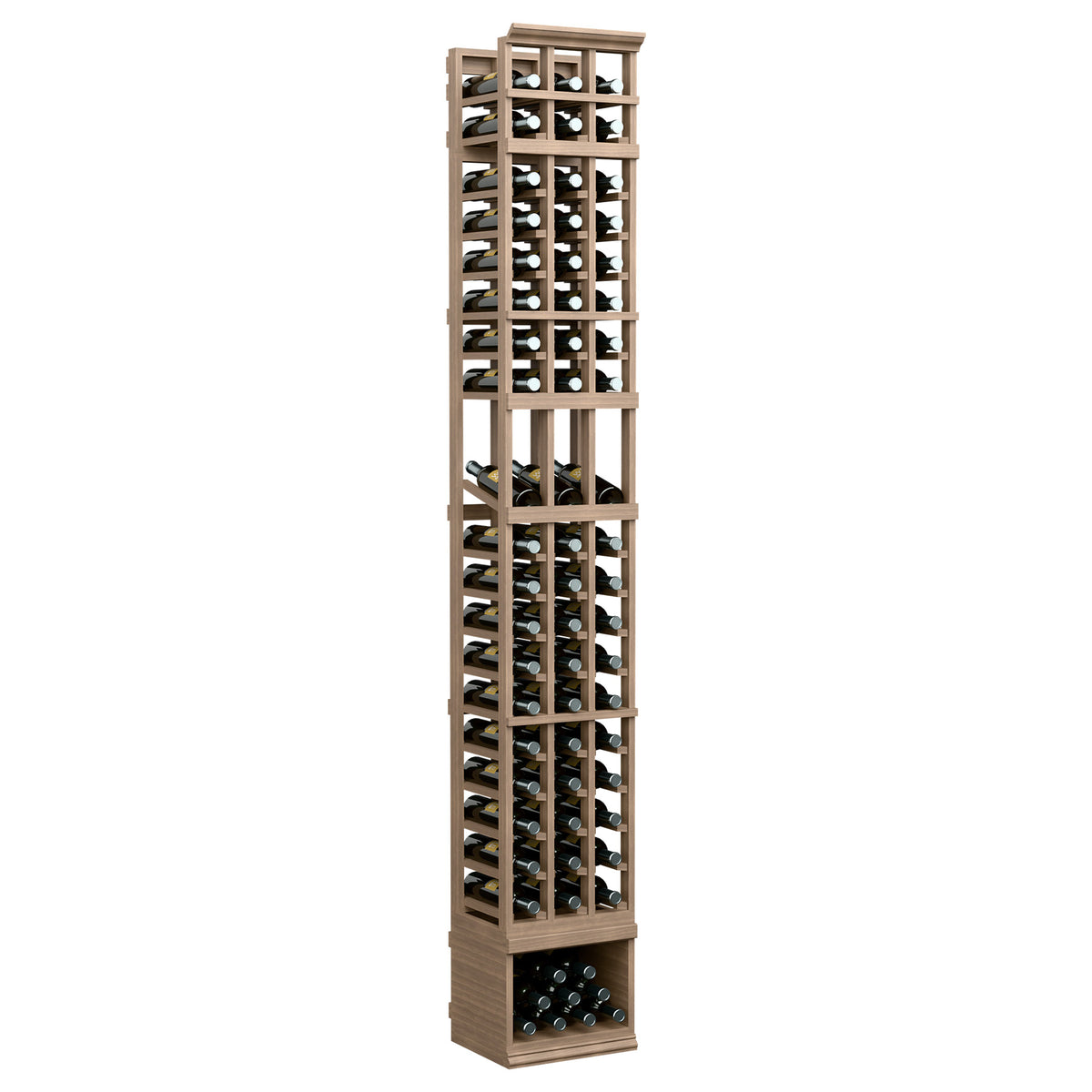3-column wine bottle display rack, medium brown frame with tall bottle compartment grid