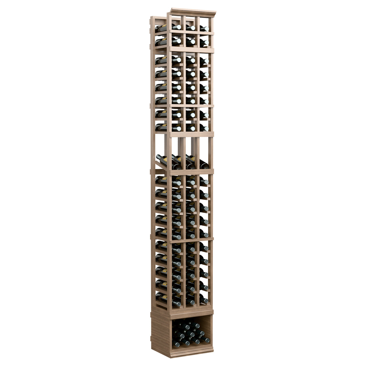 3-column wine bottle display rack, medium brown wood rack with stacked bottle spaces