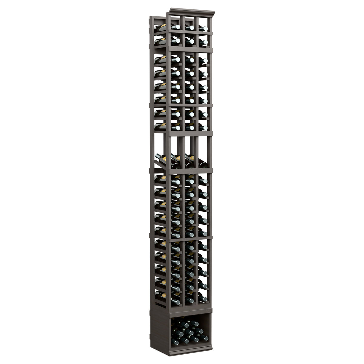 3-column wine bottle display rack, dark gray frame with front bottle-view compartments