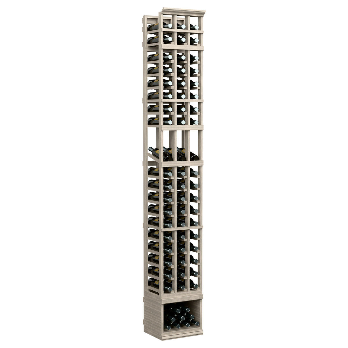 Wood wine display rack with three vertical columns, holds bottles in square grid openings