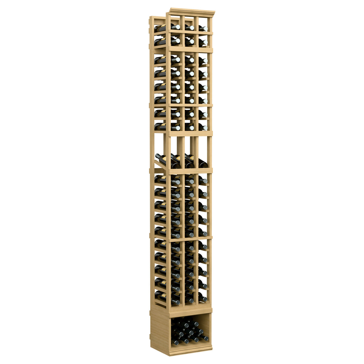 Light wood three-column wine display rack with bottle holders and glass-front grid