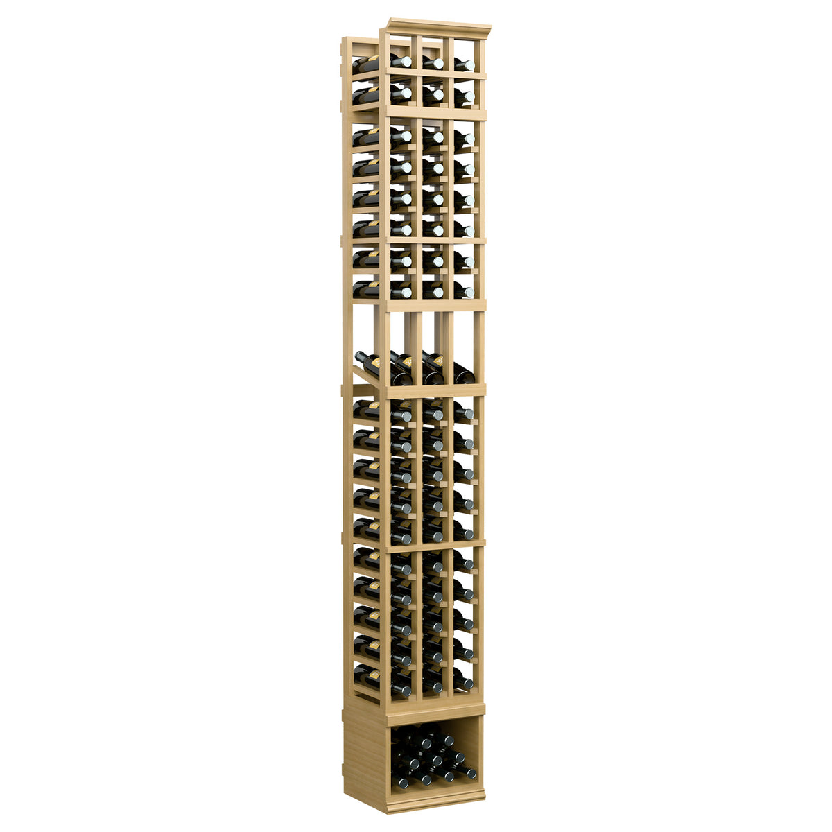 Tall wood wine display rack, three vertical bottle columns with clear paneled fronts