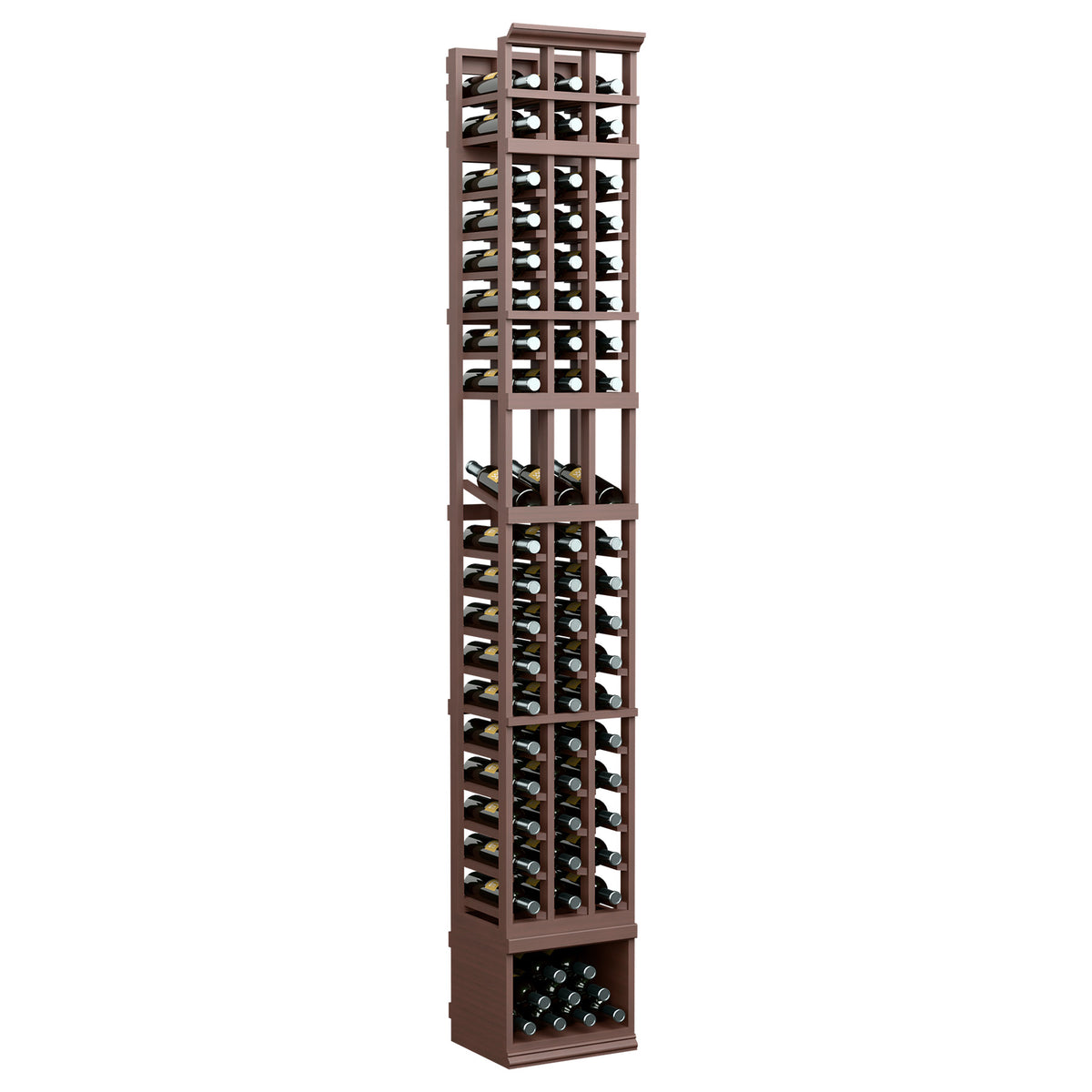 Dark wood three-column wine rack with square bottle openings and clear front panels