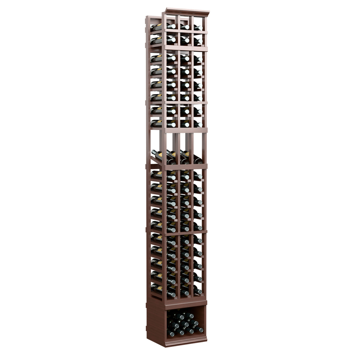 Stained wood wine display rack with three bottle columns and grid-style glass front