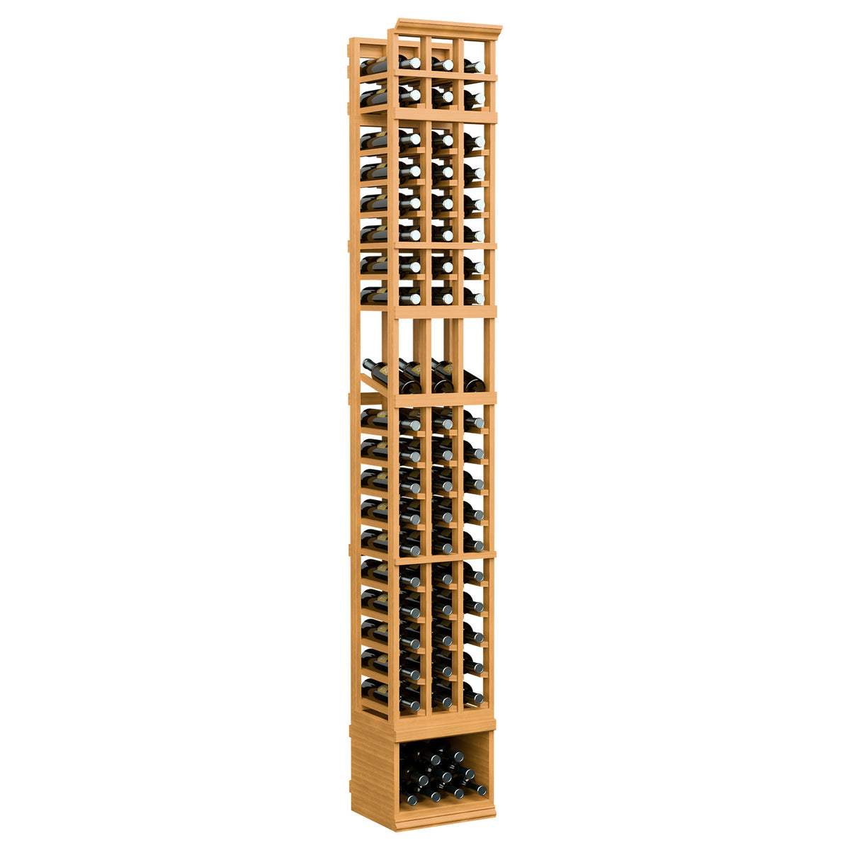 Honey-colored wood three-column wine display rack with bottle slots and clear front panels