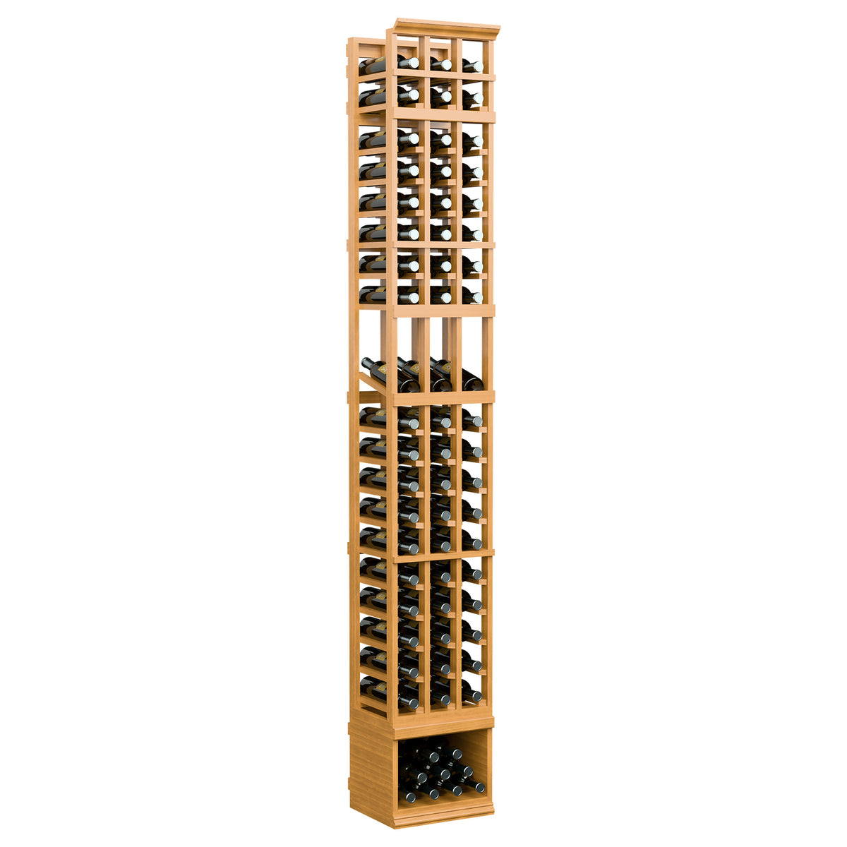 Wheat-toned three-column wine rack with bottle holders behind clear grid panels