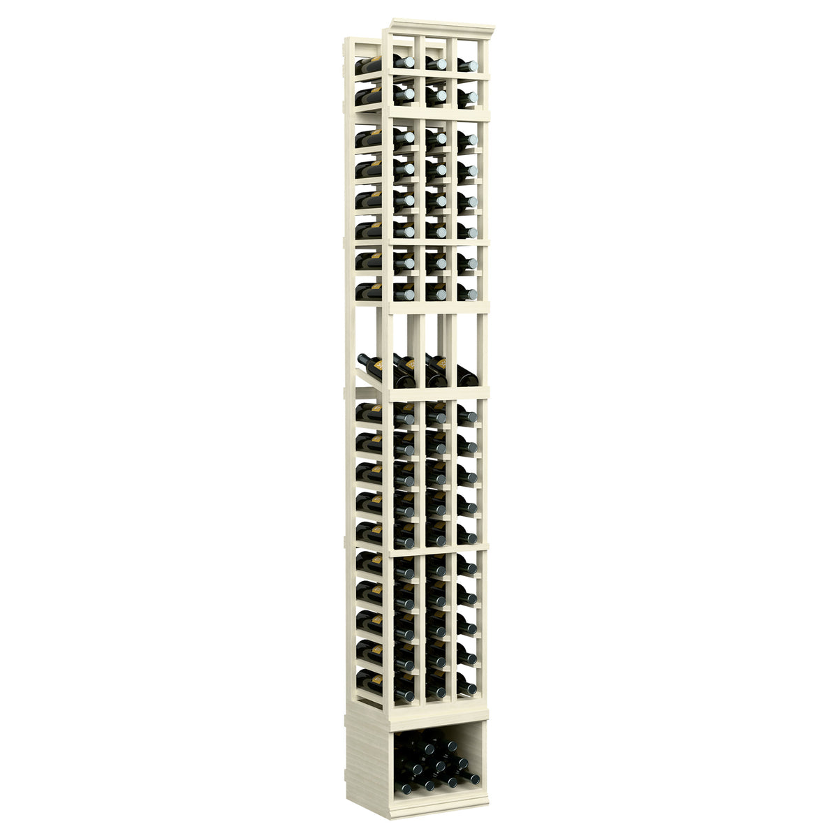 White-toned wood wine display rack with three vertical bottle columns and glass fronts