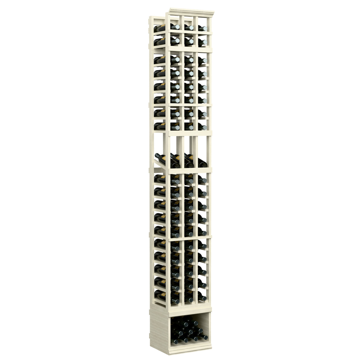 Three-column wine display rack in light wood, bottle slots behind clear paneled grid
