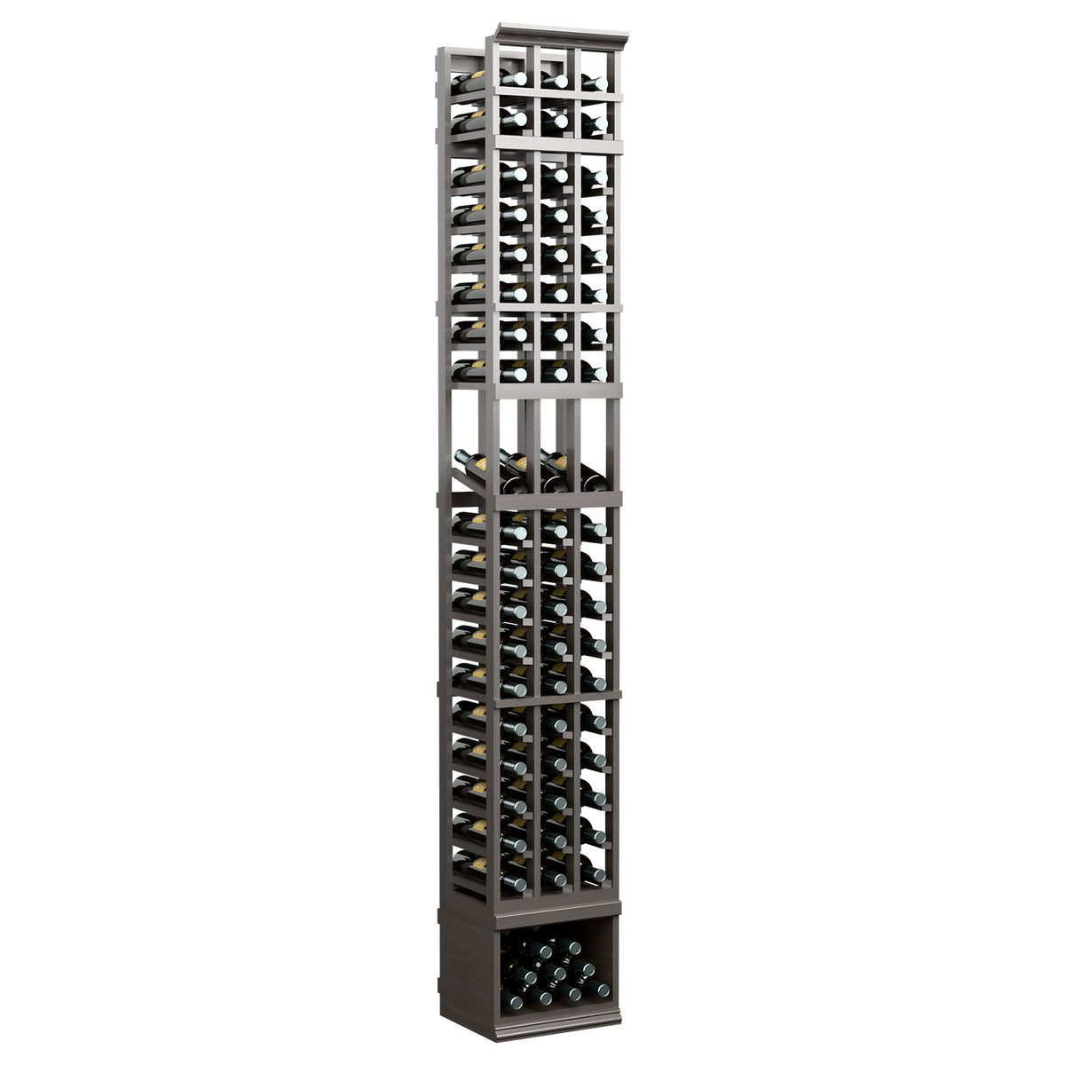 3-column wine display rack with glass front panels in dark grey finish and bottle slots