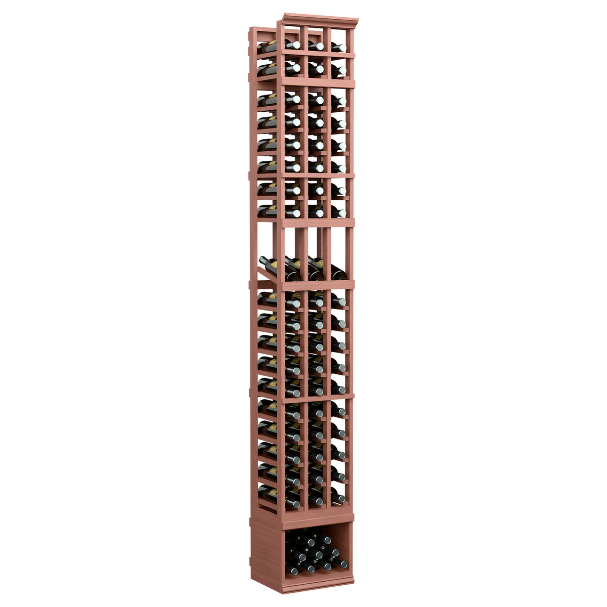 3-column wine display rack in warm red-brown with glass bottle slots and lower storage bay