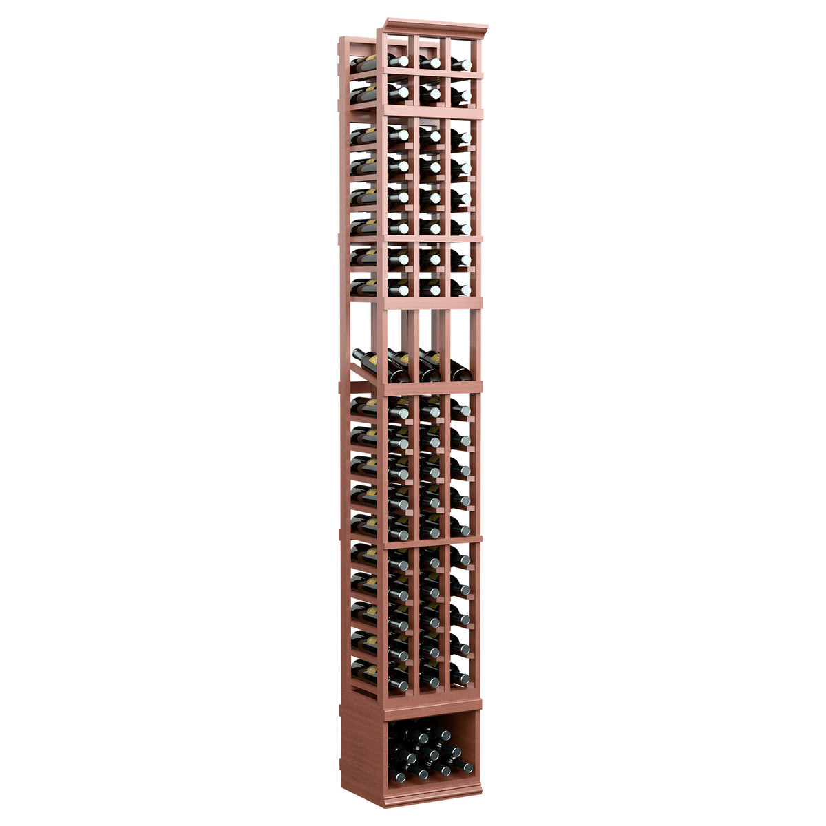 3-column wine display rack in warm red-brown with cabinet base, glass bottle slots, and lower bay