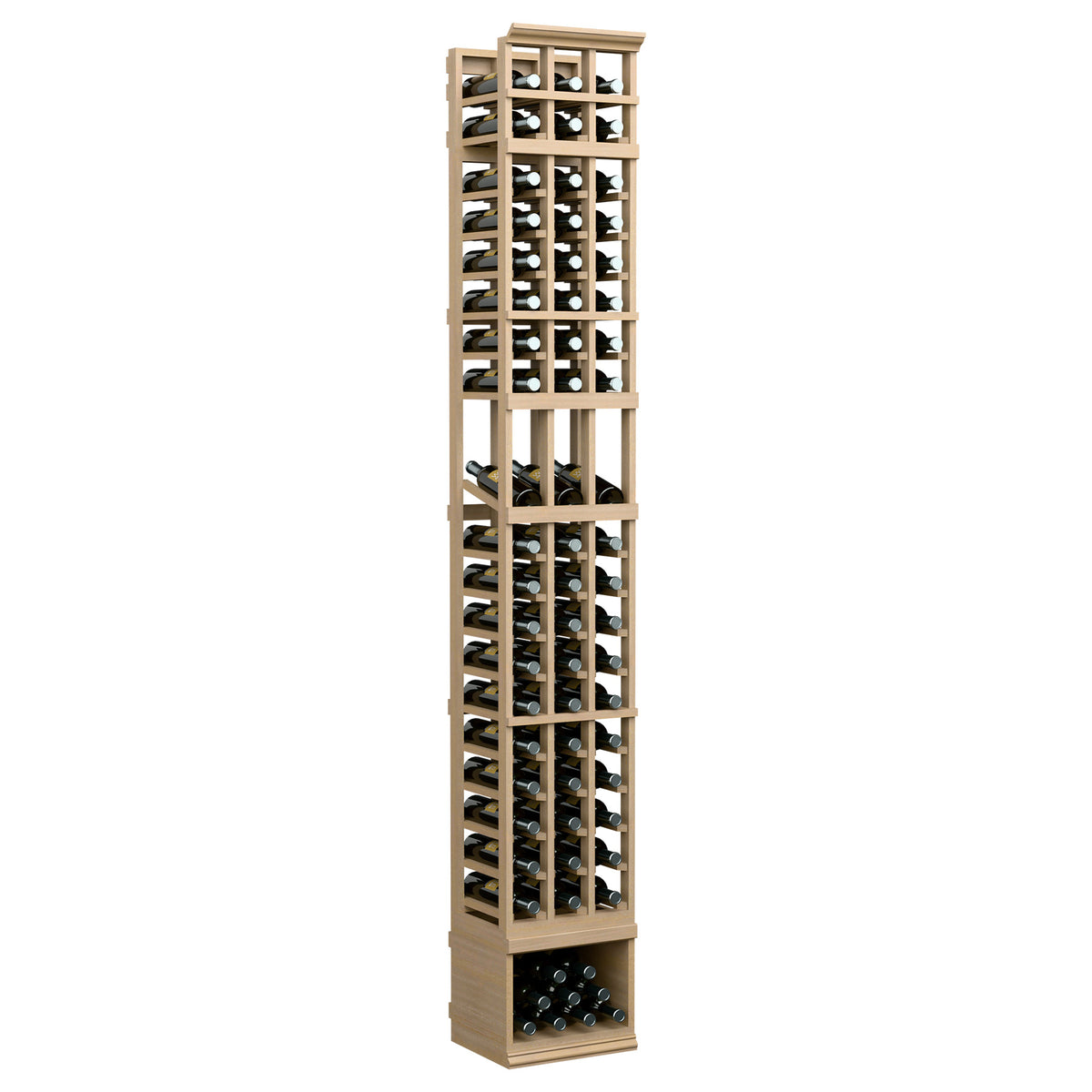 3-column wine display rack in light tan wood with glass bottle slots and lower wine bay